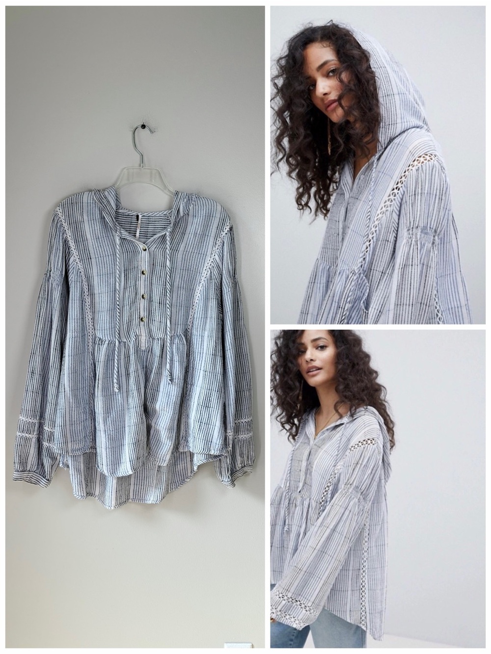 Free People Blue and White Baja Babe Hooded Stripe Pullover Top Beachy Coastal